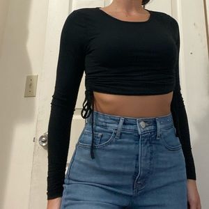 Black long sleeve tie side drawstring crop top